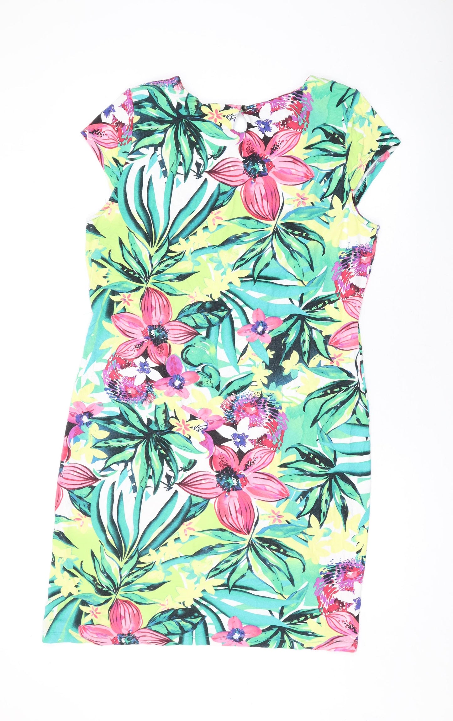 Yest Womens Green Geometric Cotton T-Shirt Dress Size 16 Round Neck Button