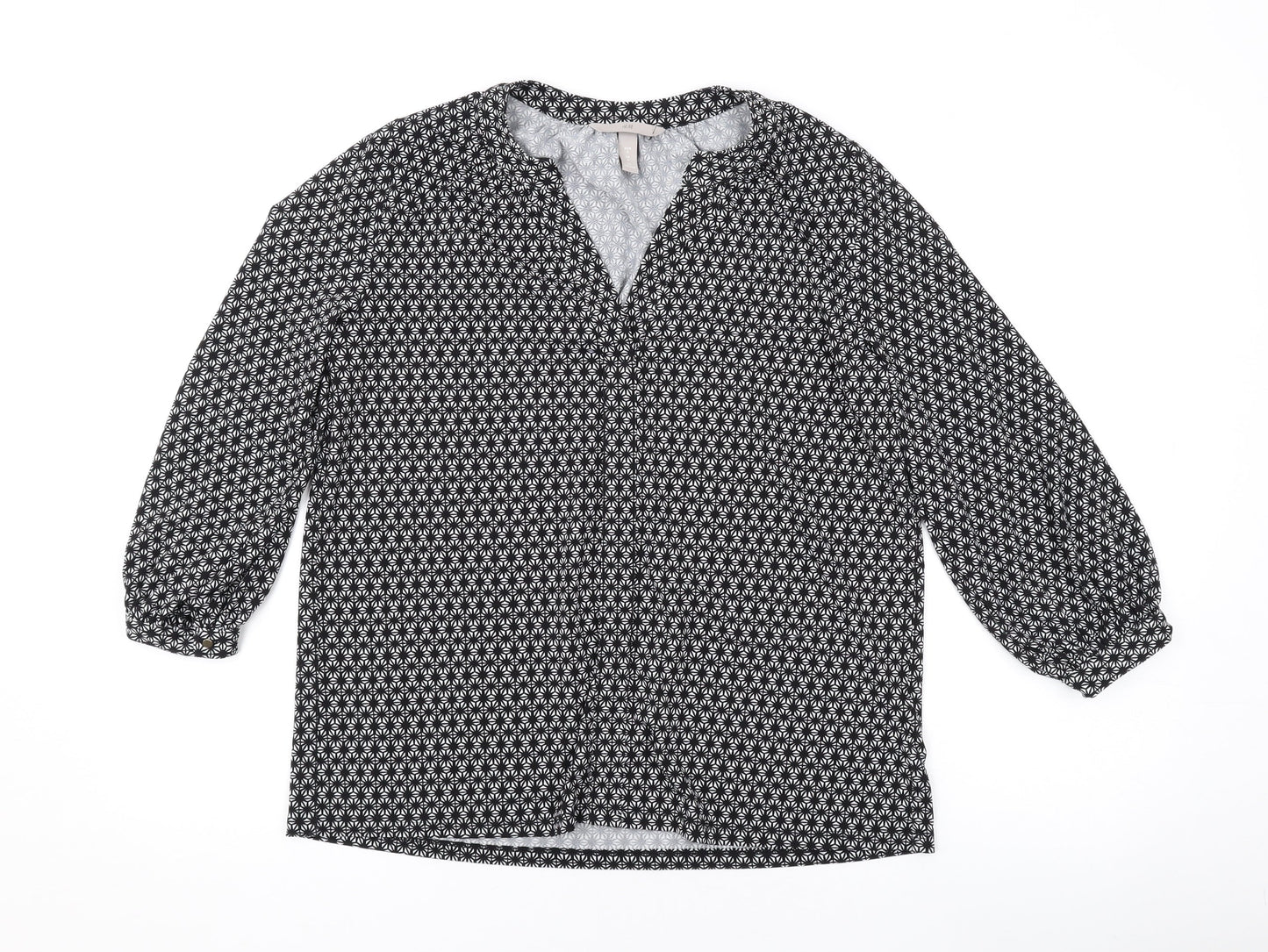 H&M Womens Black Geometric Polyester Basic Blouse Size S V-Neck