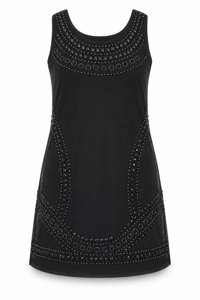 Roman Womens Black Geometric Polyester Tank Dress Size 14 Scoop Neck Pullover