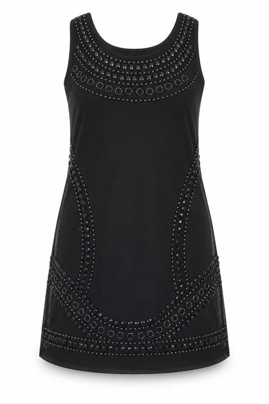 Roman Womens Black Geometric Polyester Tank Dress Size 14 Scoop Neck Pullover