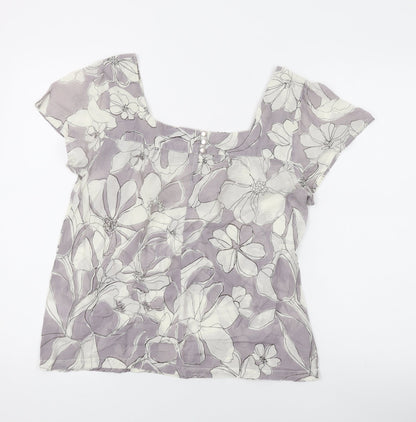 Next Womens Grey Floral Cotton Basic T-Shirt Size 10 Square Neck
