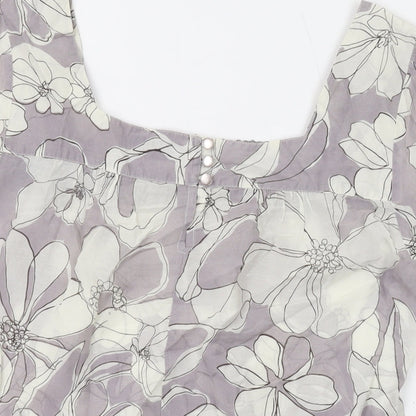 Next Womens Grey Floral Cotton Basic T-Shirt Size 10 Square Neck