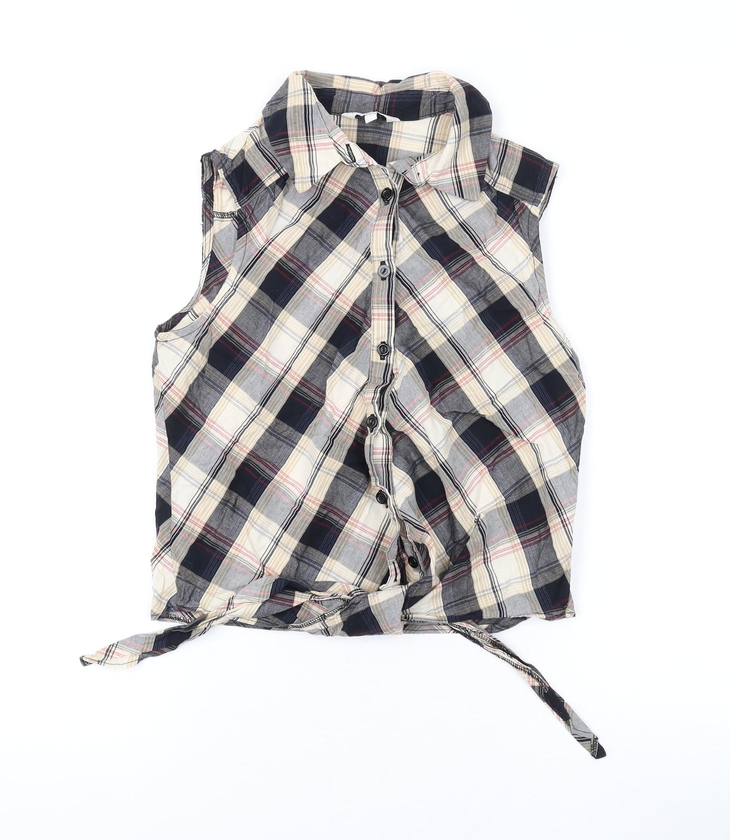 New Look Womens Beige Plaid Cotton Basic Button-Up Size 8 Collared