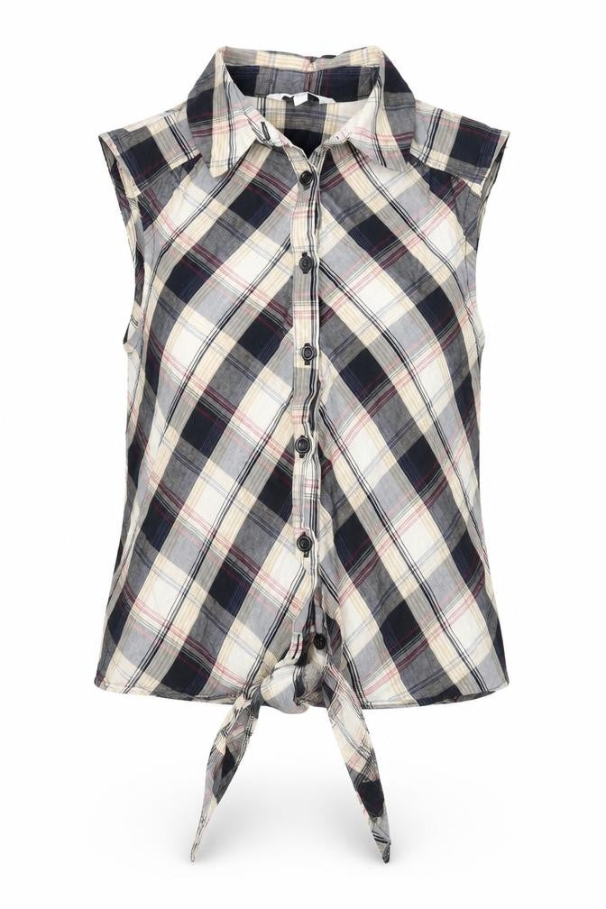 New Look Womens Beige Plaid Cotton Basic Button-Up Size 8 Collared