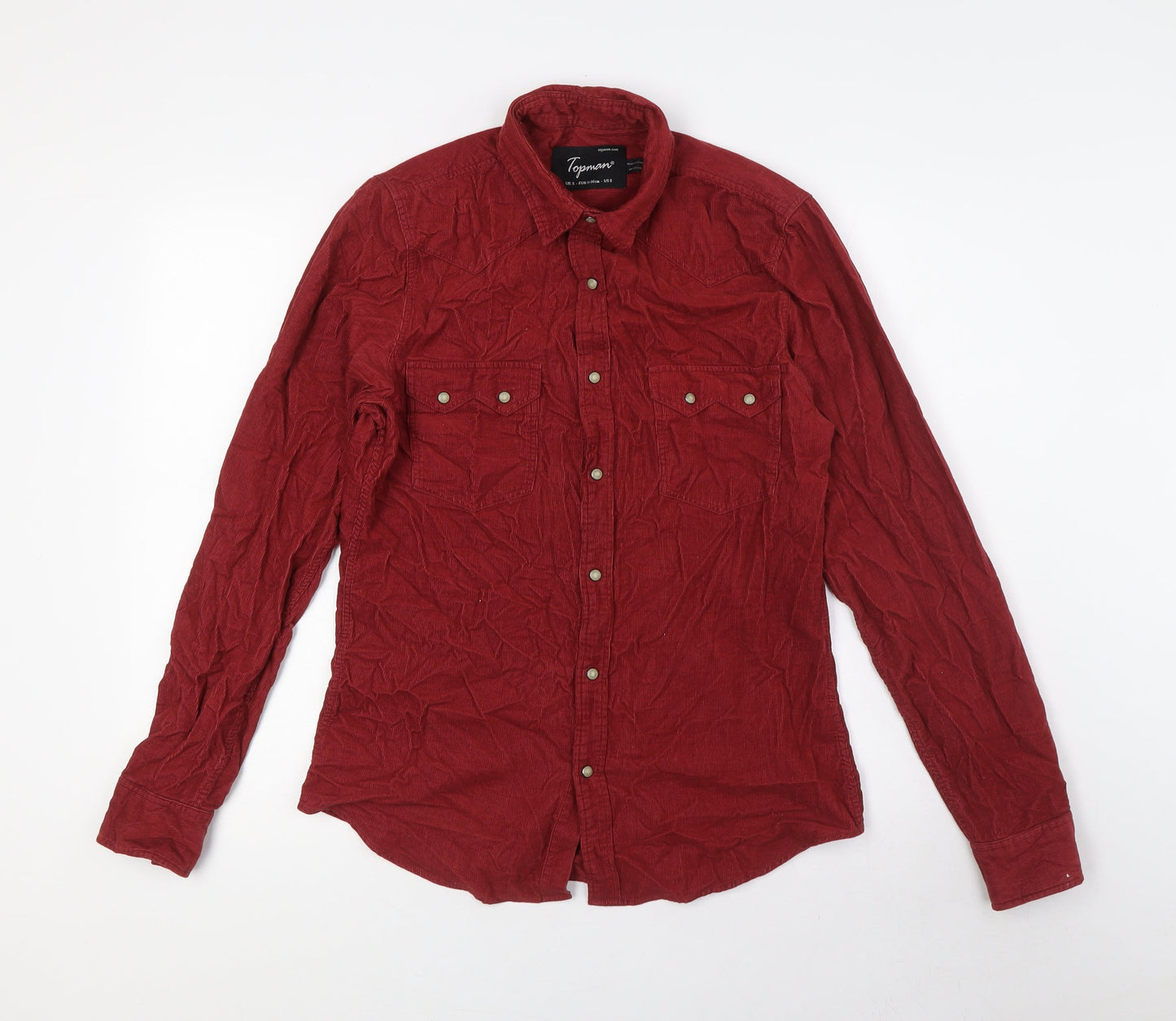 Topshop Mens Red Cotton Button-Up Size S Collared Snap