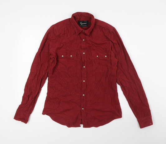 Topshop Mens Red Cotton Button-Up Size S Collared Snap