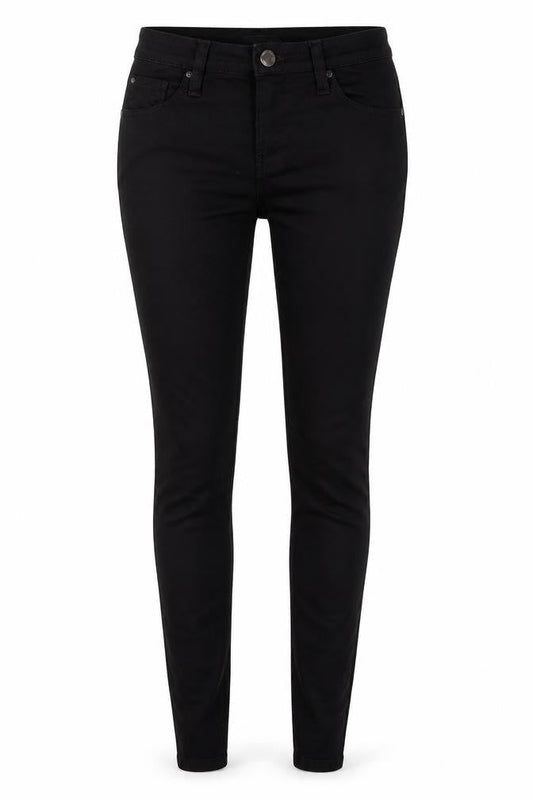 Front view of Denim Co women’s black cotton skinny jeans, size UK 6, 31-inch leg regular zip
