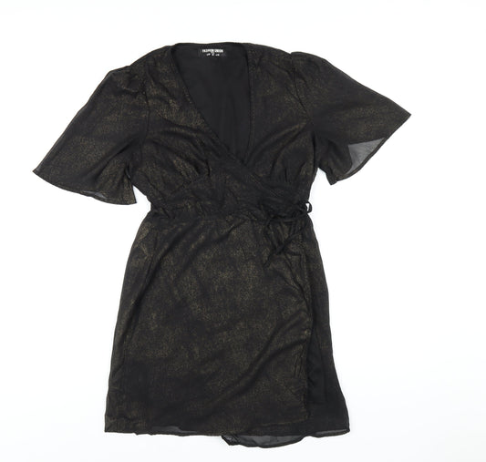 Fashion Union Womens Black Polyester Wrap Dress Size 10 V-Neck Tie
