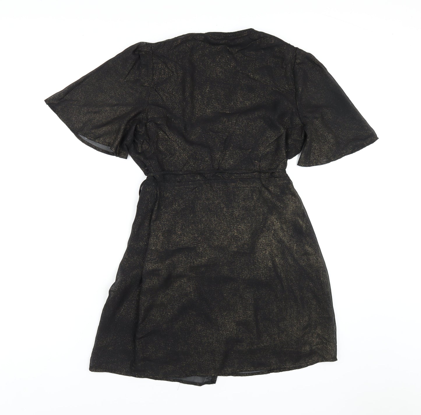 Fashion Union Womens Black Polyester Wrap Dress Size 10 V-Neck Tie