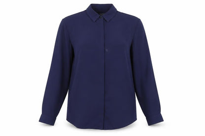 Front view of ASOS women’s blue polyester basic button-up, size UK 10, collared