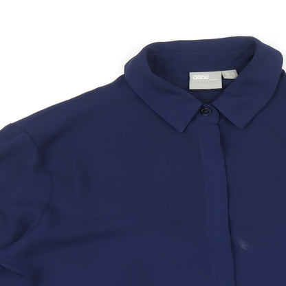 Close-up detail of ASOS women’s blue polyester basic button-up, size UK 10, collared