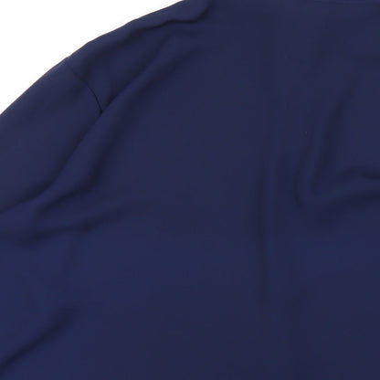 Brand and care label for ASOS women’s blue polyester basic button-up, size UK 10, collared