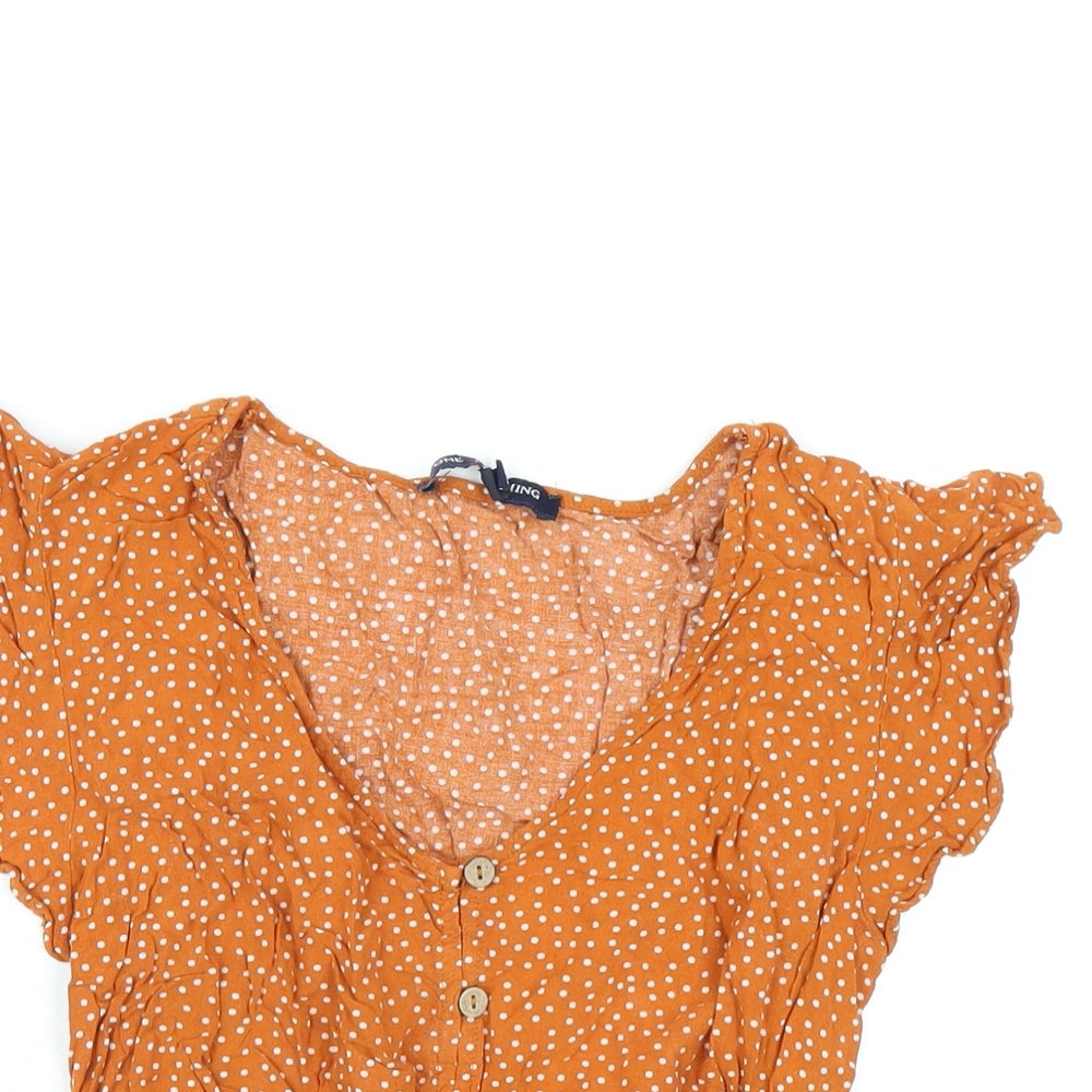 One Clothing Womens Orange Polka Dot Viscose Basic T-Shirt Size XS V-Neck