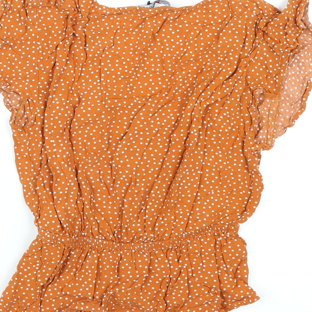 One Clothing Womens Orange Polka Dot Viscose Basic T-Shirt Size XS V-Neck