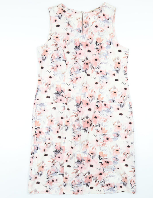 Vida Vi Womens Multicoloured Floral Linen A-Line Size 14 Round Neck Zip