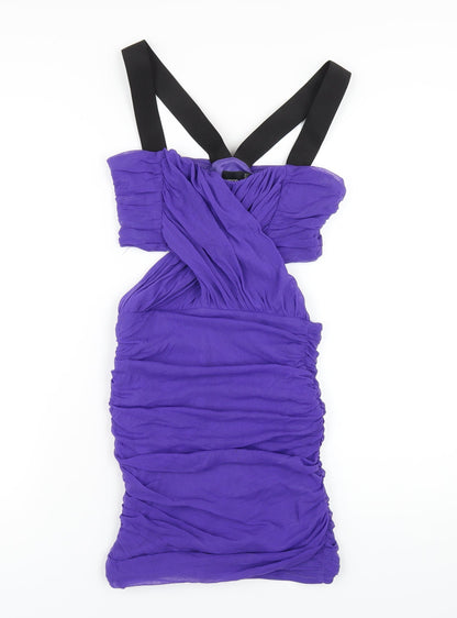 Additional front view of ASOS women’s purple nylon bodycon, size UK 10, v-neck pullover
