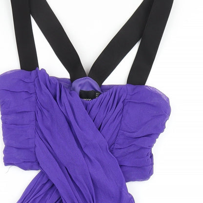 Close-up detail of ASOS women’s purple nylon bodycon, size UK 10, v-neck pullover