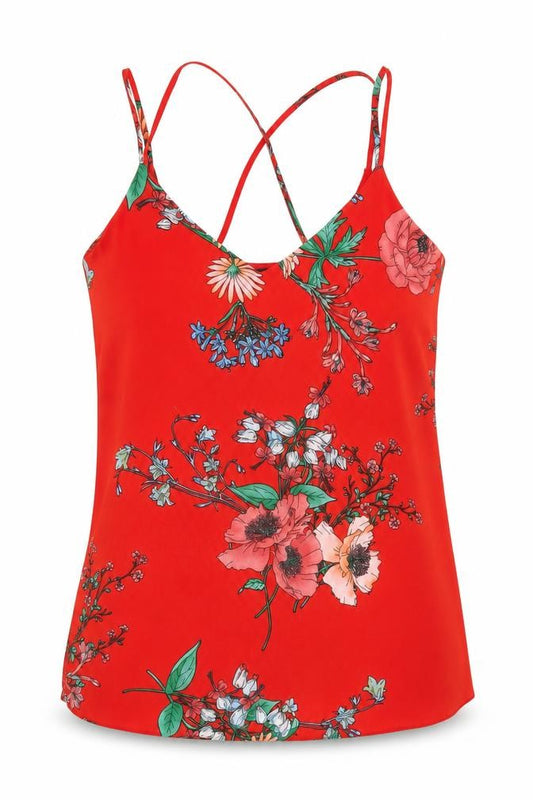 New Look Womens Red Floral Polyester Camisole T-Shirt Size 12 V-Neck