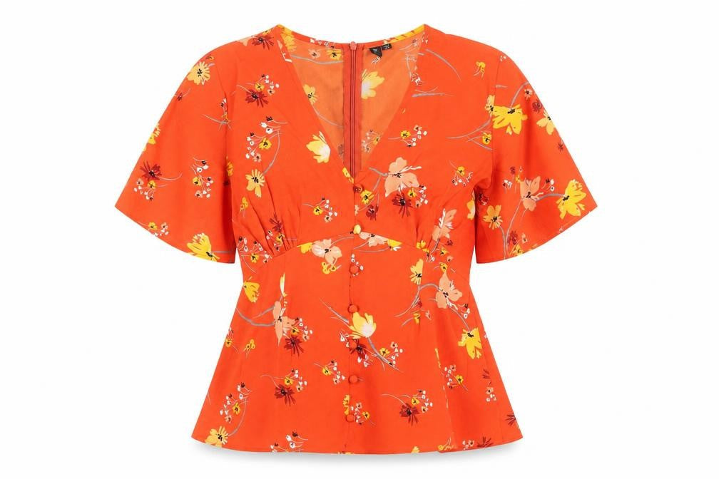 Influence Womens Orange Floral Polyester Basic T-Shirt Size 8 V-Neck