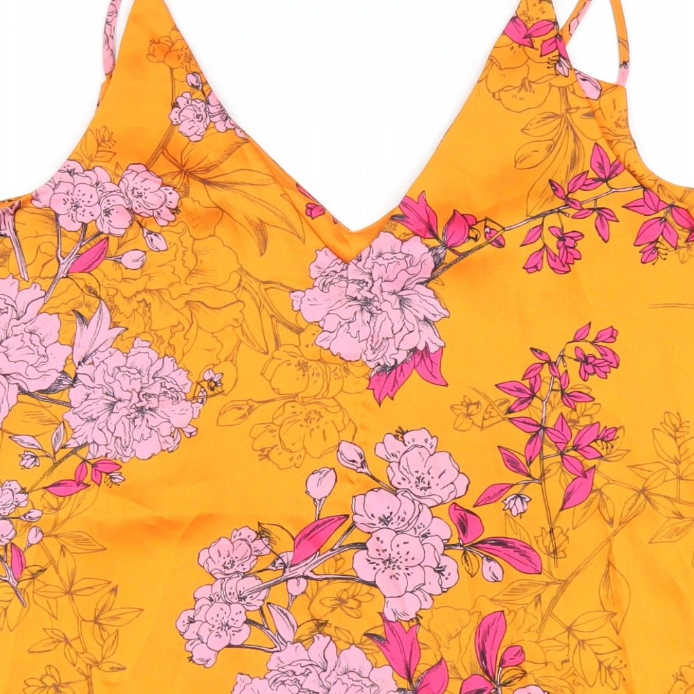 River Island Womens Orange Floral Polyester Camisole T-Shirt Size 10 V-Neck