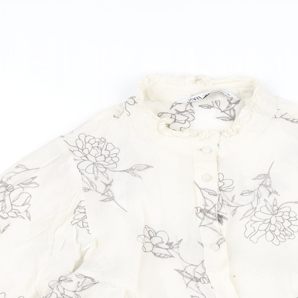 Zara Womens Ivory Floral Cotton Basic Button-Up Size XS Round Neck