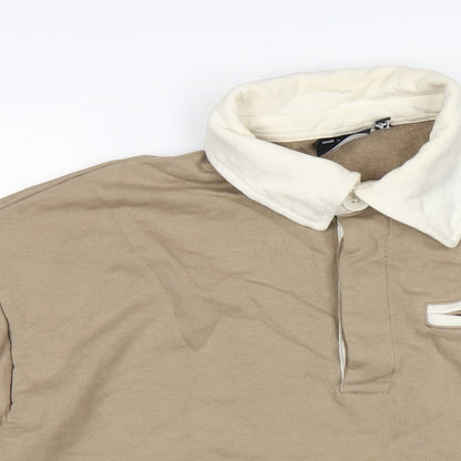 Close-up detail of ASOS women’s brown cotton pullover sweatshirt, size M, button