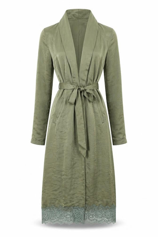 Front view of Missguided women’s green polyester wrap dress, size UK 8, v-neck tie