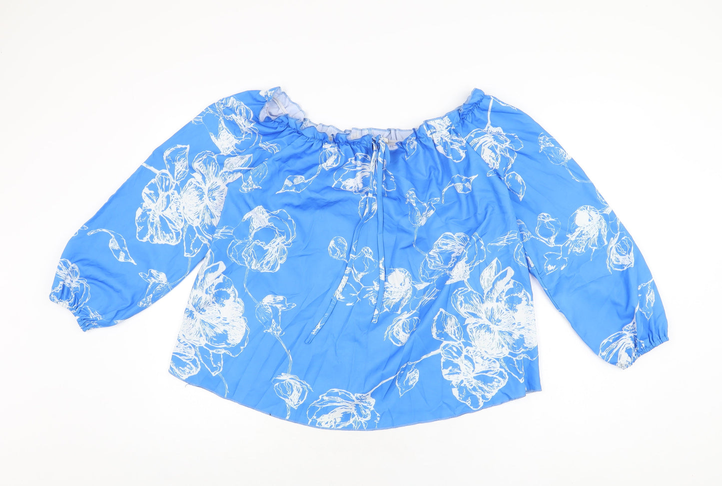 EARO Womens Blue Floral Polyester Basic Blouse Size XL Off the Shoulder