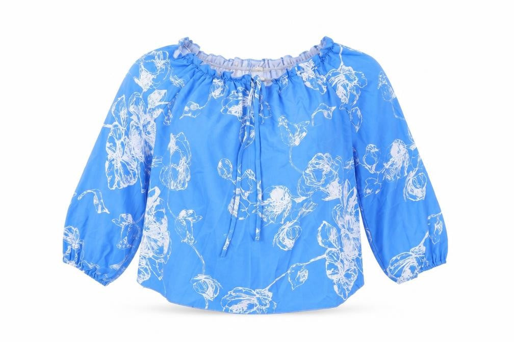 EARO Womens Blue Floral Polyester Basic Blouse Size XL Off the Shoulder