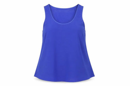 Front view of ASOS women’s blue polyester basic t-shirt, size UK 8, scoop neck