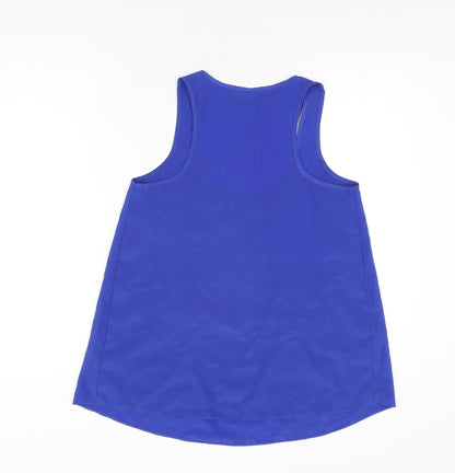 Back view of ASOS women’s blue polyester basic t-shirt, size UK 8, scoop neck