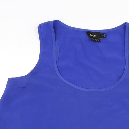 Close-up detail of ASOS women’s blue polyester basic t-shirt, size UK 8, scoop neck