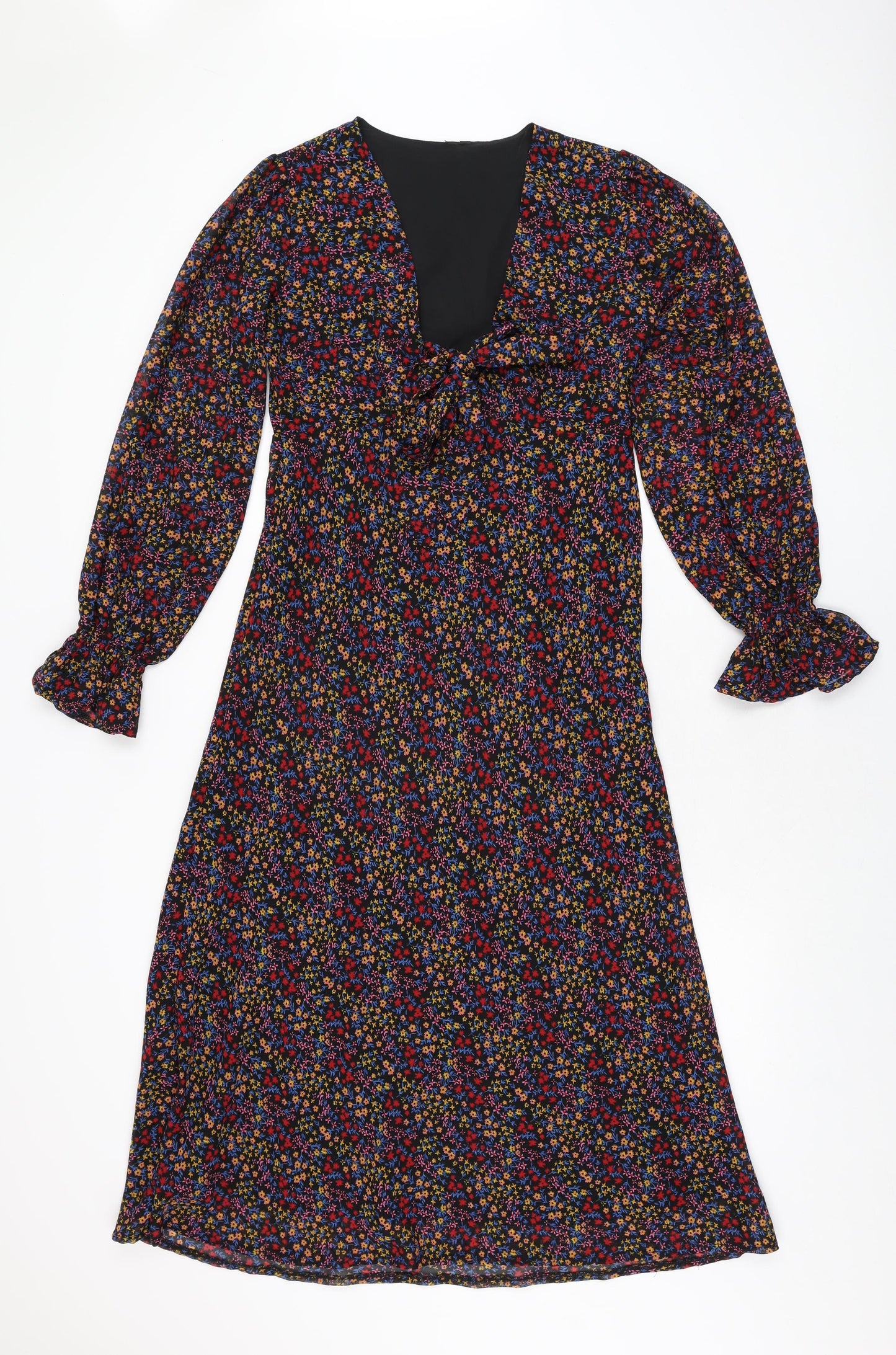 Influence Womens Black Floral Polyester A-Line Size 10 V-Neck Zip
