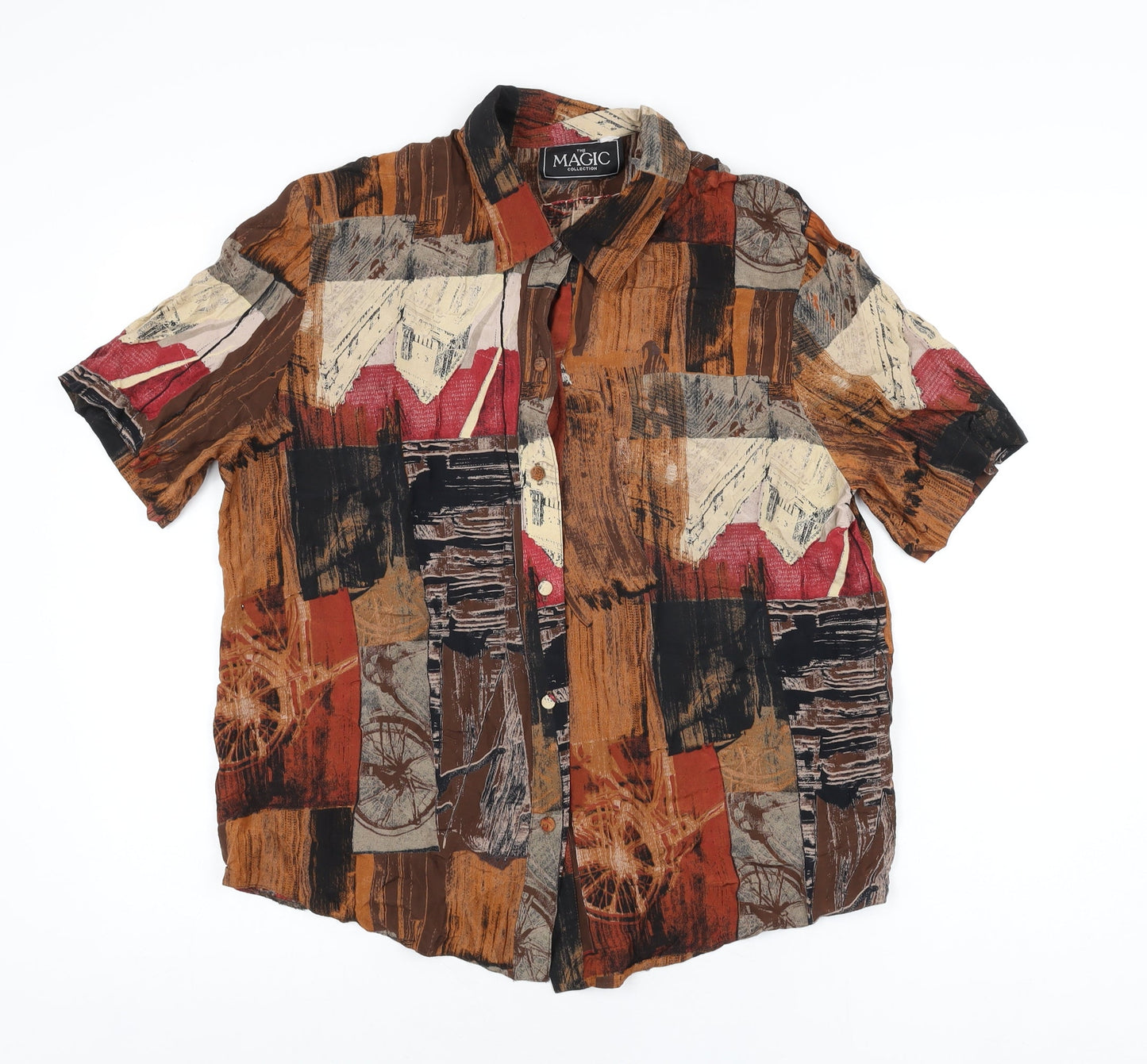 The Magic Collection Womens Brown Geometric Polyester Basic Button-Up Size 12 Collared