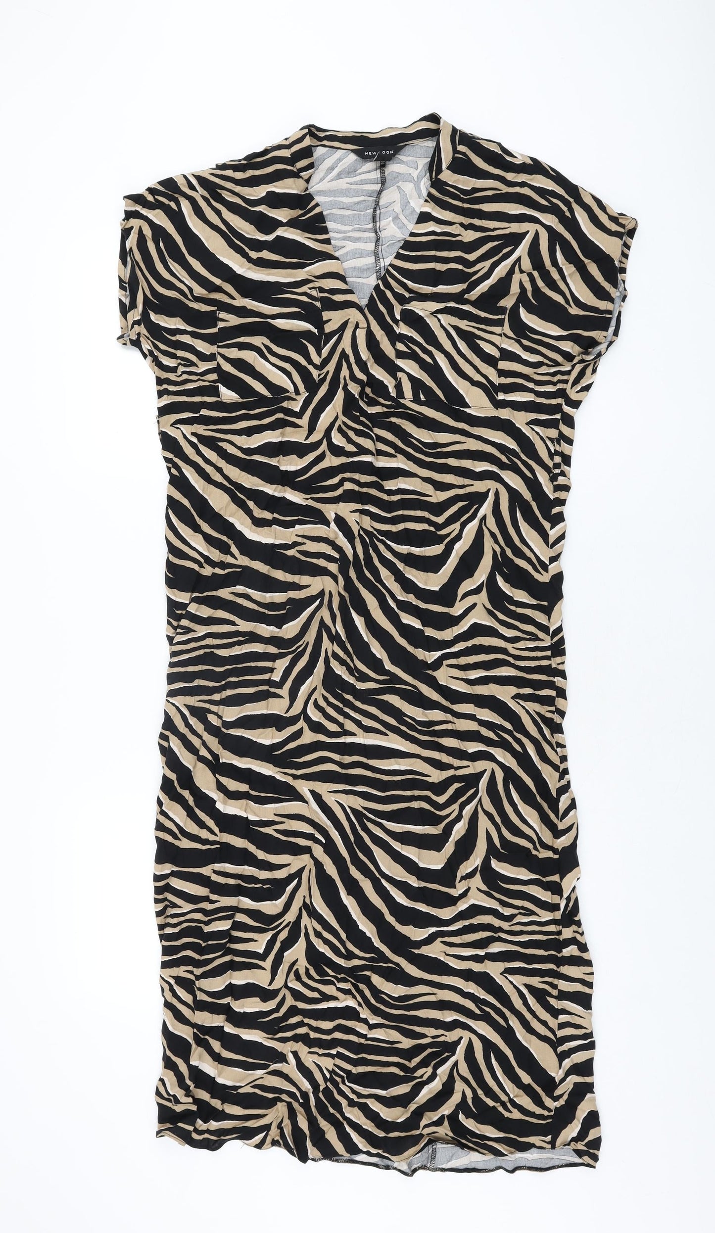 New Look Womens Beige Animal Print Viscose Shift Size 10 V-Neck Pullover