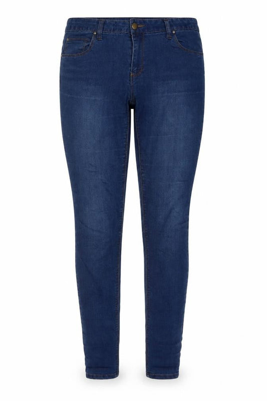 Front view of Denim & Co. women’s blue cotton skinny jeans, size UK 12, 32-inch leg regular button