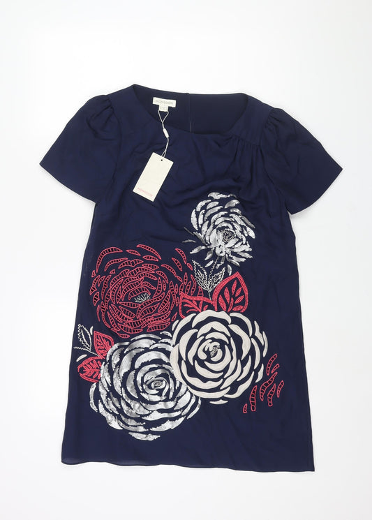 Monsoon Womens Blue Polyester Shift Size 12 Round Neck Button - Floral Embroidery Sequin Print