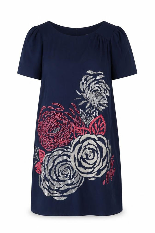 Monsoon Womens Blue Polyester Shift Size 12 Round Neck Button - Floral Embroidery Sequin Print