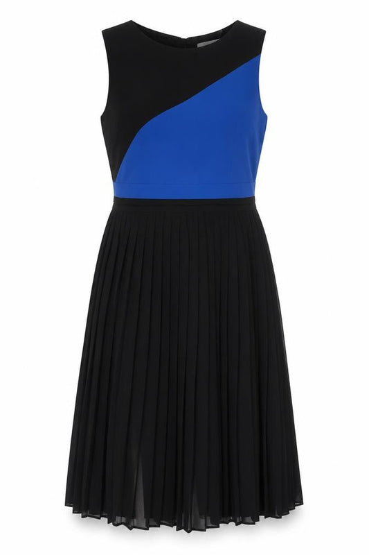 Preen Womens Black Colourblock Polyester Fit & Flare Size 12 Round Neck Button - Pleated