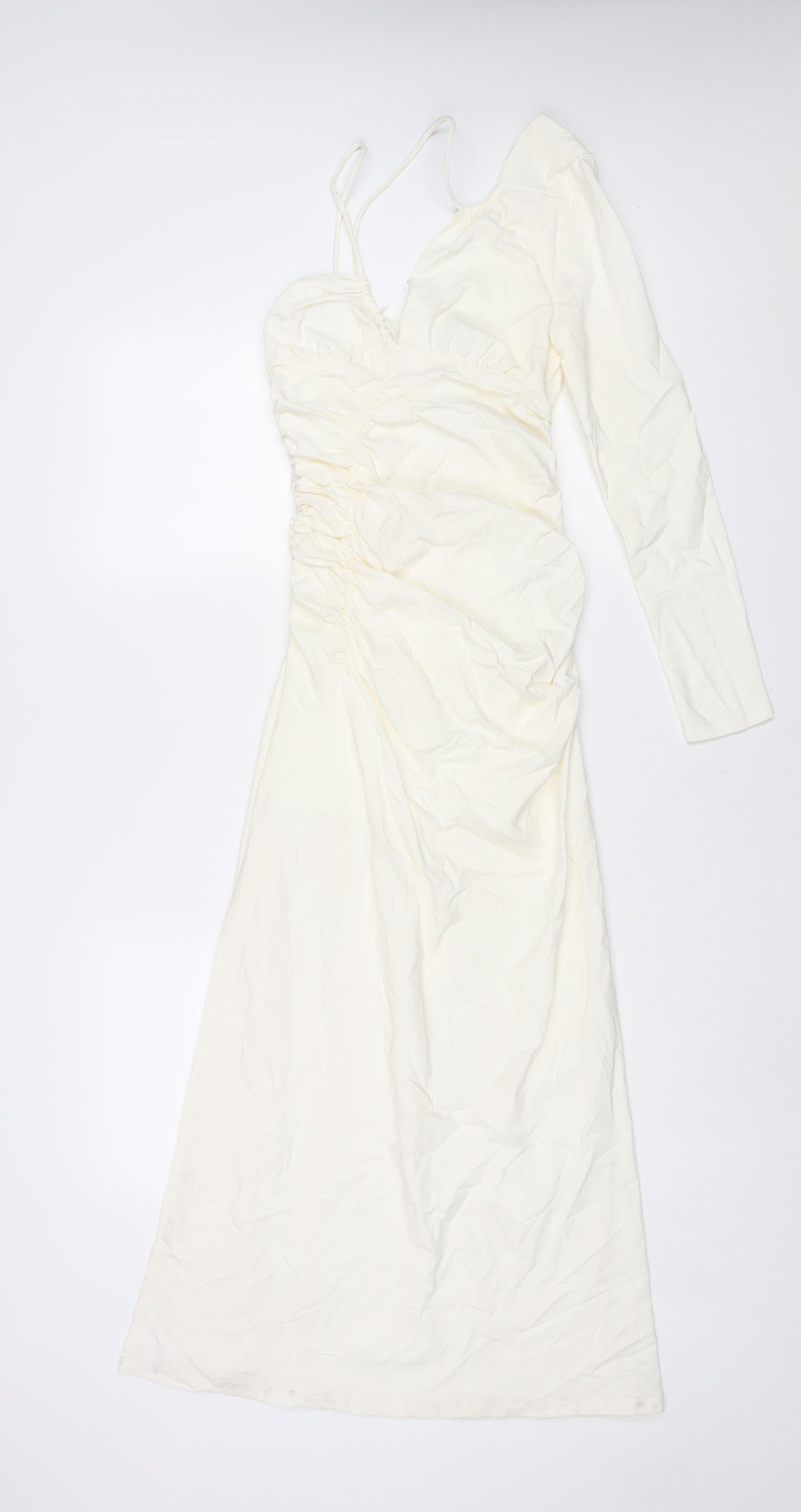 Stradivarius Womens Ivory Polyester Maxi Size S One Shoulder Zip - Rouched Drawstring Strap Detail