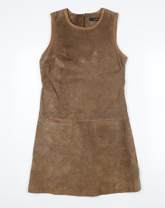 Hallhuber Womens Brown Acetate Shift Size 10 Round Neck Zip - Suede Type Fabric Pocket