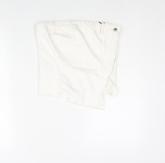 Zara Womens White Cotton Cropped Blouse Size L Square Neck - Asymmetric Raw Hem