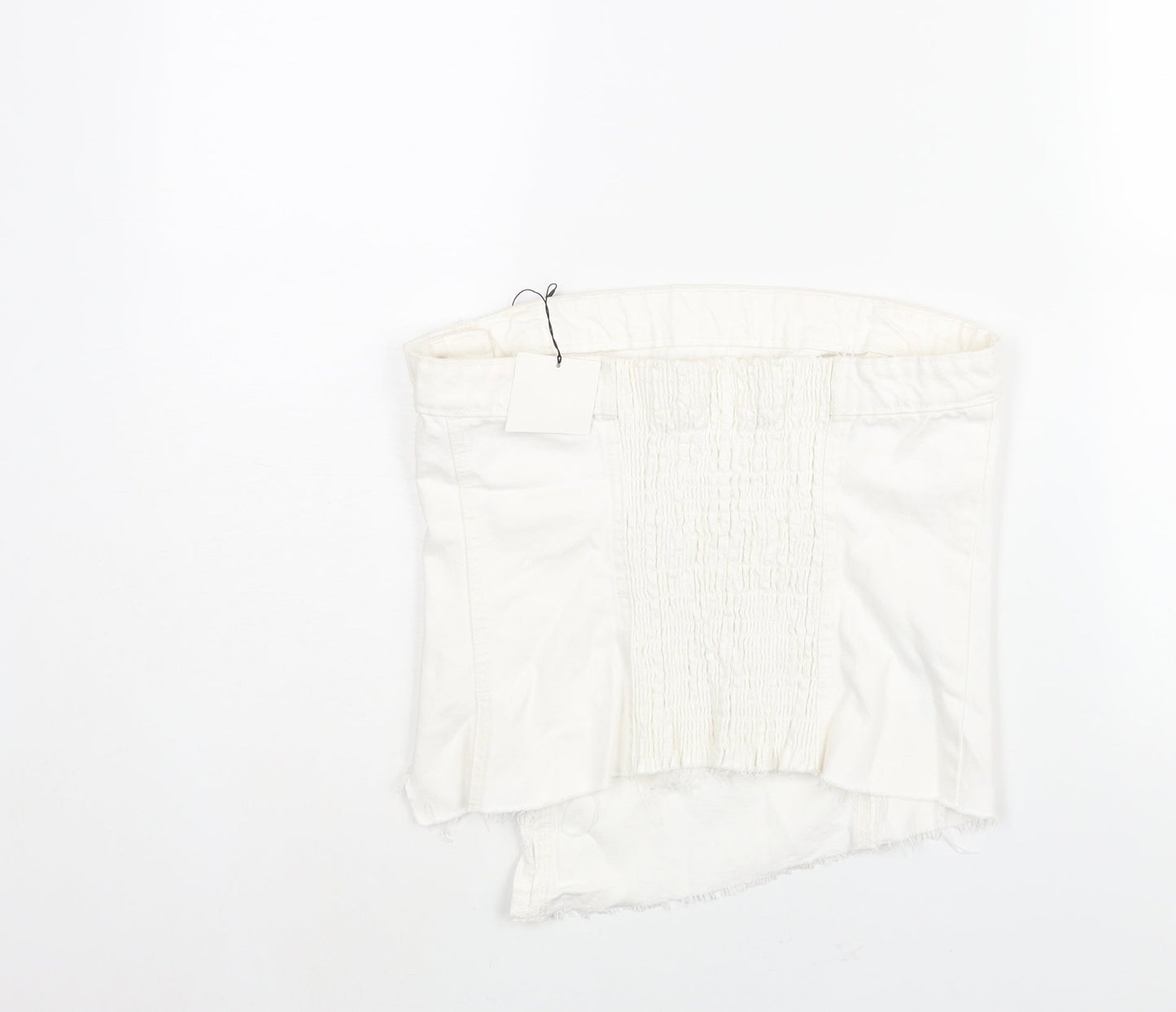 Zara Womens White Cotton Cropped Blouse Size L Square Neck - Asymmetric Raw Hem