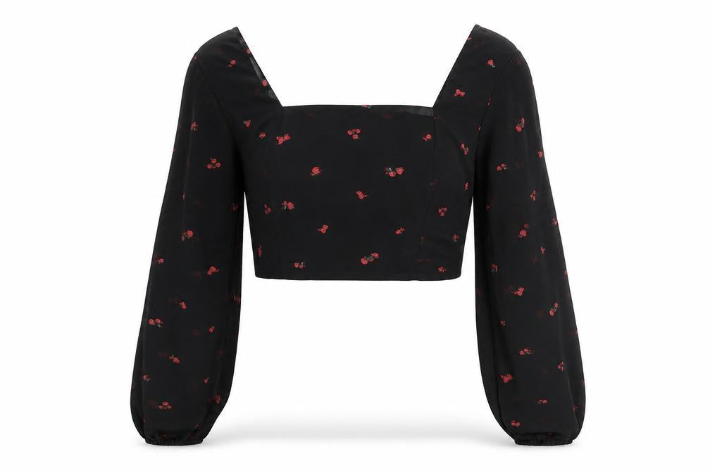 FACTORIE Womens Black Floral Polyester Cropped Blouse Size 8 Square Neck