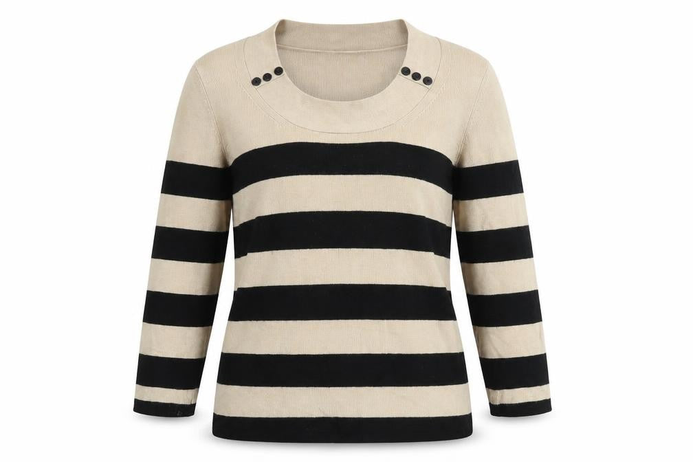 Precis Womens Beige Round Neck Striped Viscose Pullover Jumper Size S - Button Detail