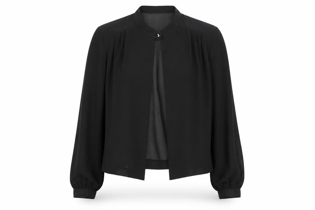 Jersey Masters Womens Black Polyester Basic Blouse Size 12 Round Neck - Semi Sheer Open Front