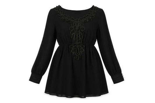 Frock and Frill Womens Black Polyester A-Line Size 10 Scoop Neck Pullover - Lace Detail Belted