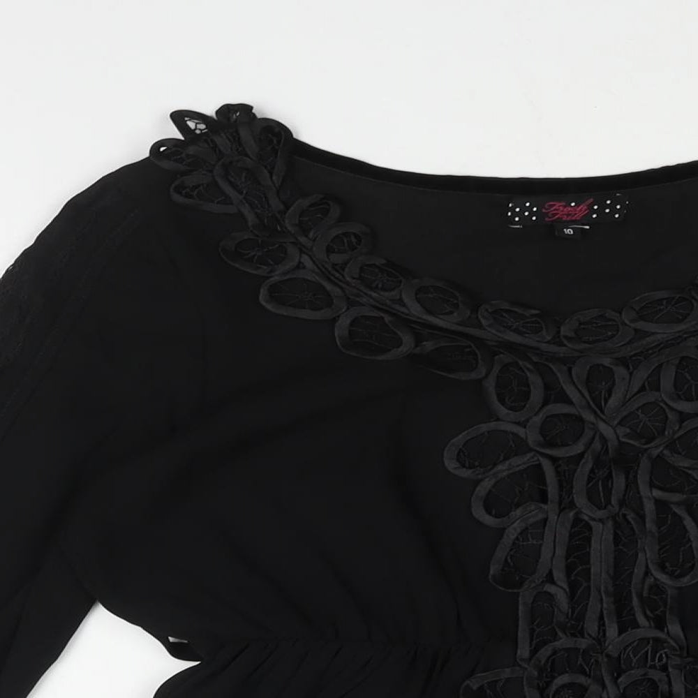 Frock and Frill Womens Black Polyester A-Line Size 10 Scoop Neck Pullover - Lace Detail Belted