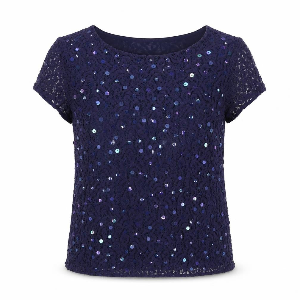 LOFT Womens Blue Nylon Basic Blouse Size M Round Neck - Sequin Detail