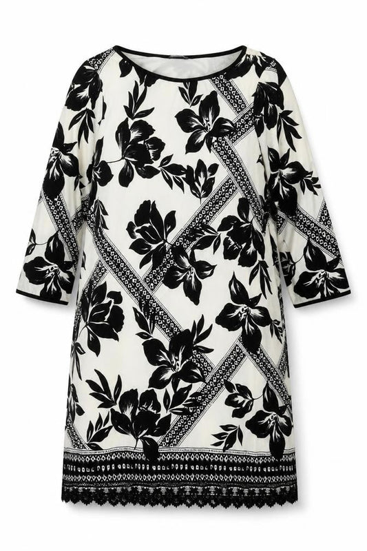 M&Co Womens Ivory Geometric Polyester Shift Size 14 Boat Neck Pullover - Lace Trim Floral Print